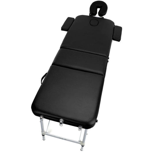 Masă aplicare gene / Pat cosmetic profesional – 3 secțiuni, aluminiu, 70 cm lățime, negru