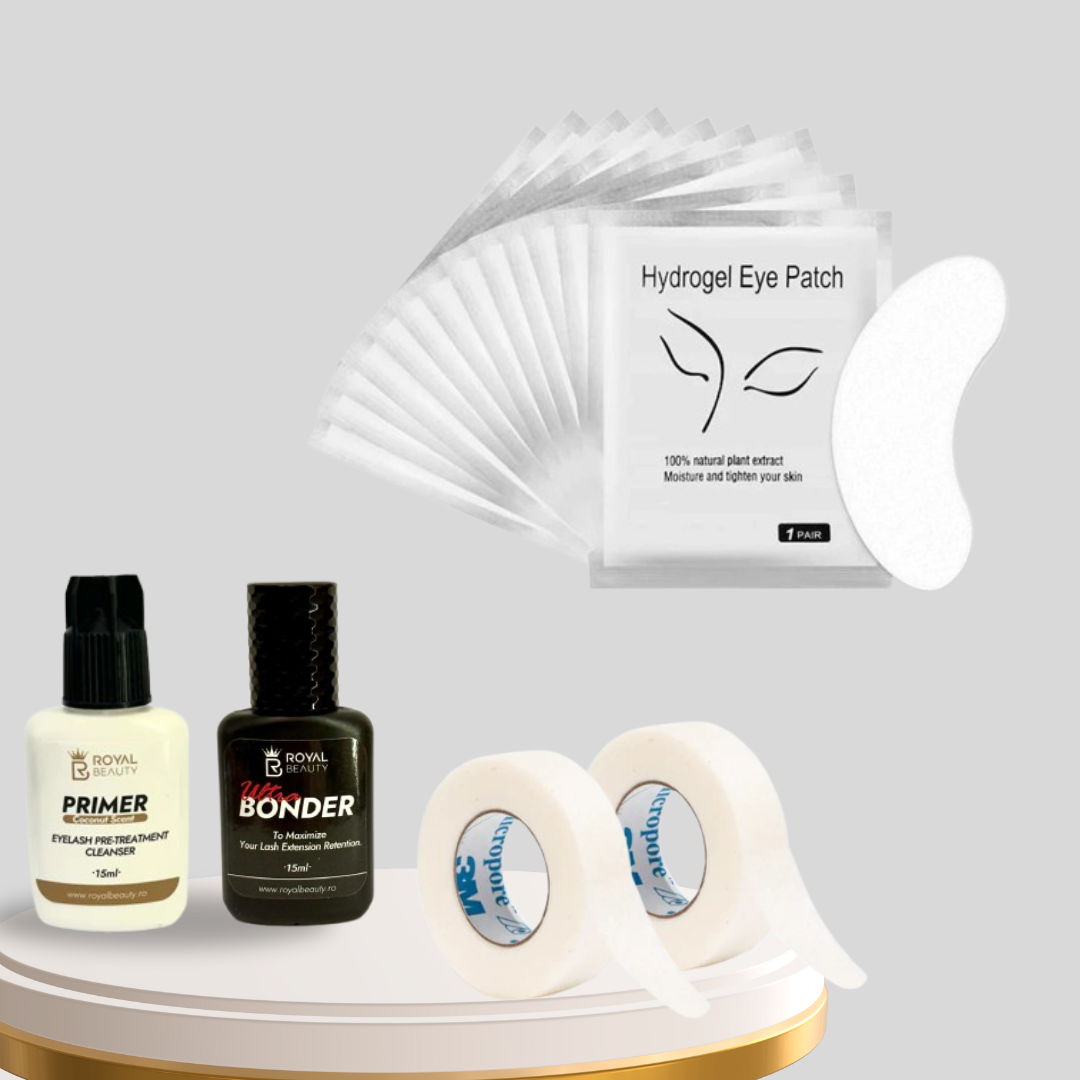 Pachet Profesional Extensii Gene – 2 Role Bandă Hipoalergenică, Primer, Ultra Bonder + 10 Plasturi Cadou