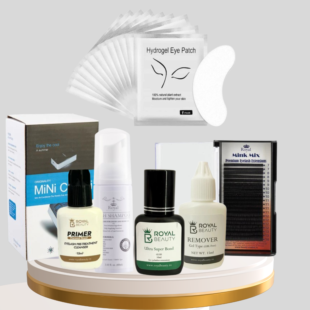 Kit Profesional Începători Extensii Gene ROYAL – Sampon, Primer, Adeziv Ultra Super Bond 10 ml, Remover Gel, Extensii CC 0,10 mm, Ventilator Mini Cooli + 10 Plasturi