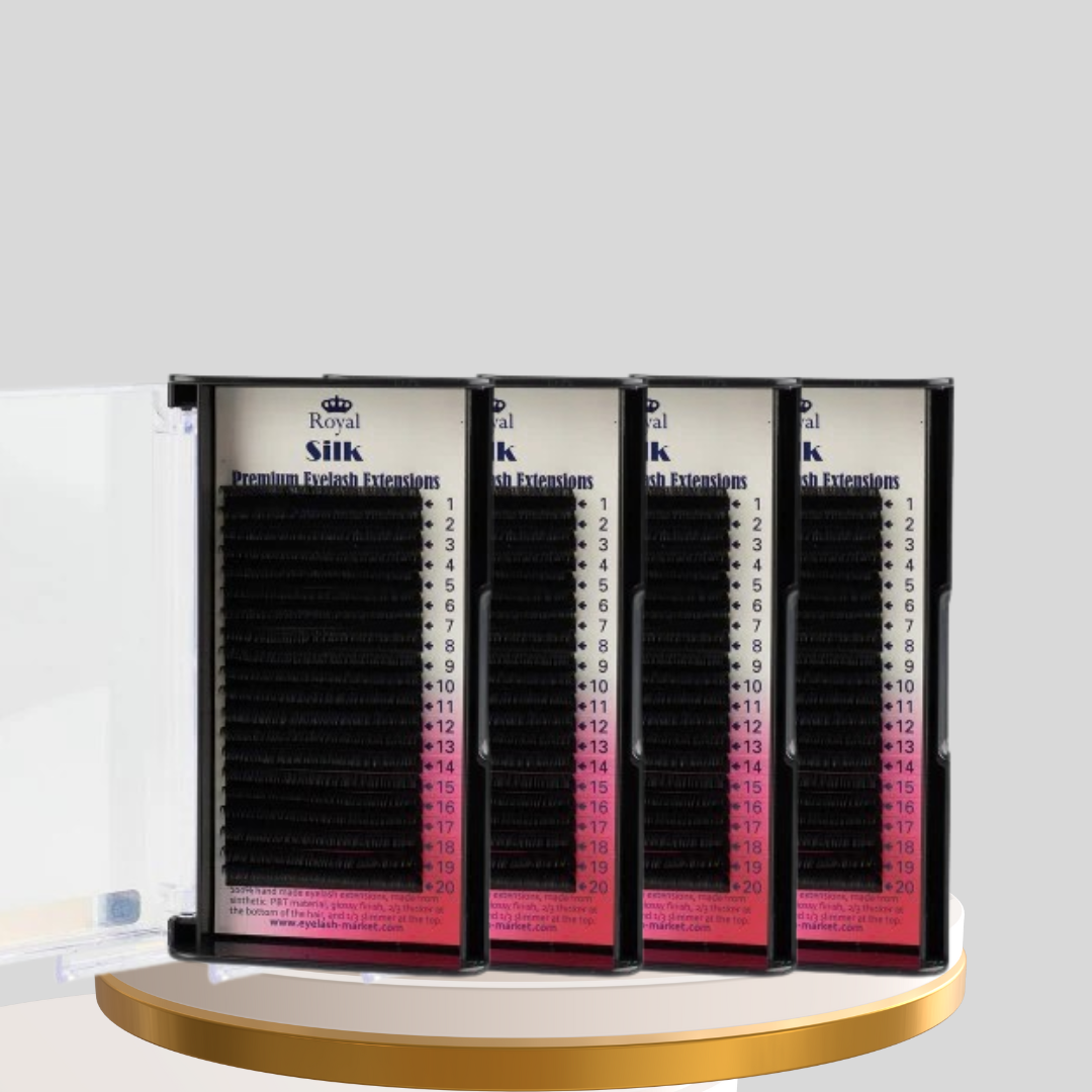 Pachet 4 cutii – Extensii de gene Premium ROYAL Silk, Curbură CC, 0.12 mm, Lungimi 9–12 mm, 20 rânduri