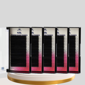 Pachet 5 Cutii Extensii de Gene ROYAL Silk D 0.12 mm – Lungimi 9, 10, 11, 12, 13 mm, 20 Rânduri Premium