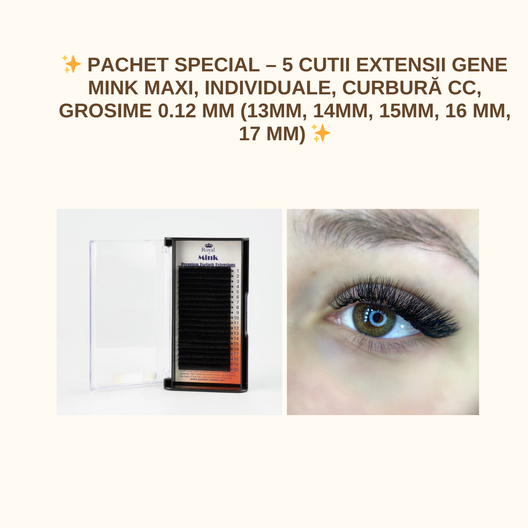 ✨ Pachet Special – 5 Cutii Extensii Gene Mink Individuale, Curbură CC, Grosime 0.12 mm (13mm, 14mm, 15mm, 16 mm, 17 mm)-20 randuri ✨