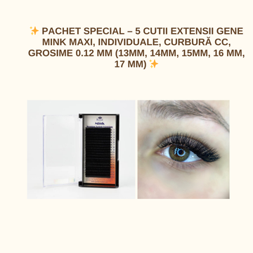 ✨ Pachet Special – 5 Cutii Extensii Gene Mink Individuale, Curbură CC, Grosime 0.12 mm (13mm, 14mm, 15mm, 16 mm, 17 mm)-20 randuri ✨