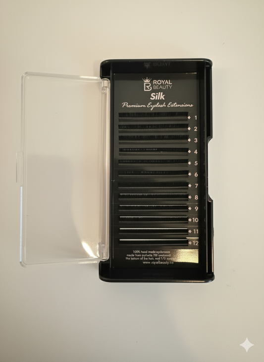 Extensii de gene Premium ROYAL Silk, Individuale, Curbură CC, Grosime 0.12 mm, Lungime 7-15 mm, 12 rânduri