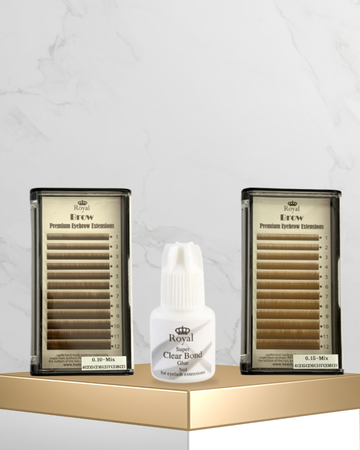 Pachet Profesional Extensii de Sprâncene ROYAL – Medium Brown 0.10 + Light Brown 0.15 + Adeziv Clear