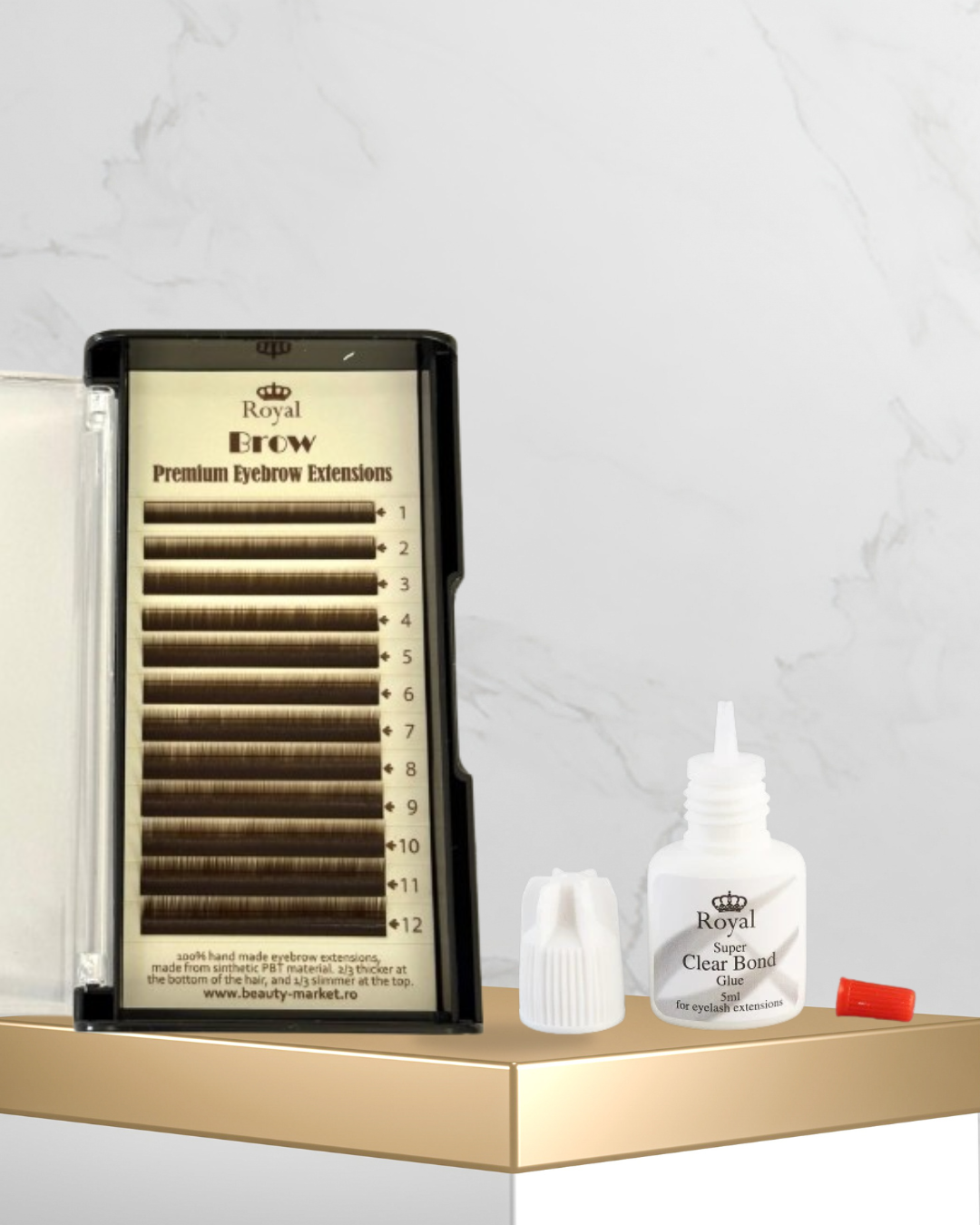 Extensii pentru sprâncene ROYAL – Premium Dark Brown (0.15 mm) + Adeziv Clear