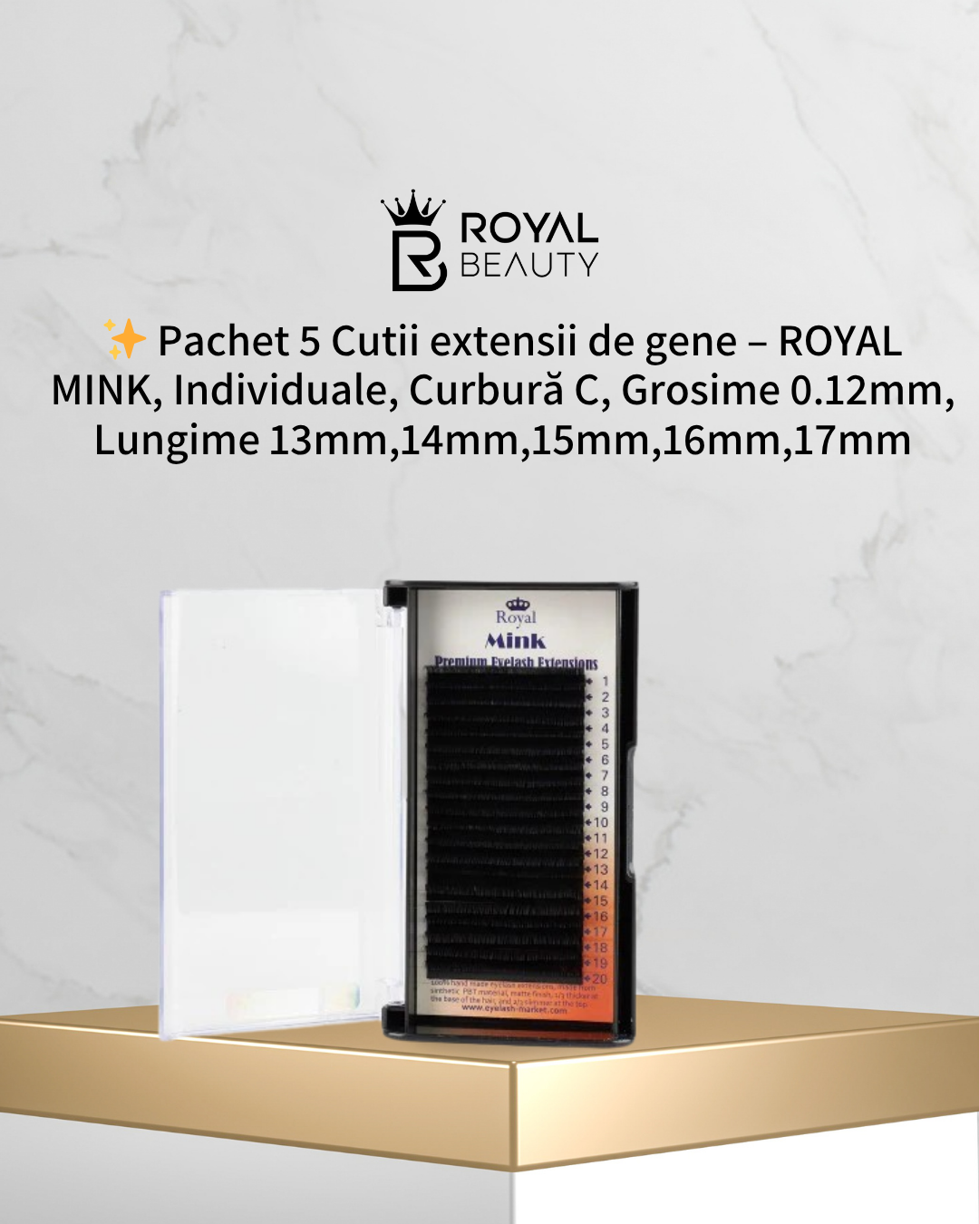 Pachet 5 Cutii Extensii de Gene – ROYAL MINK, Individuale, Curbură C, Grosime 0.12 mm