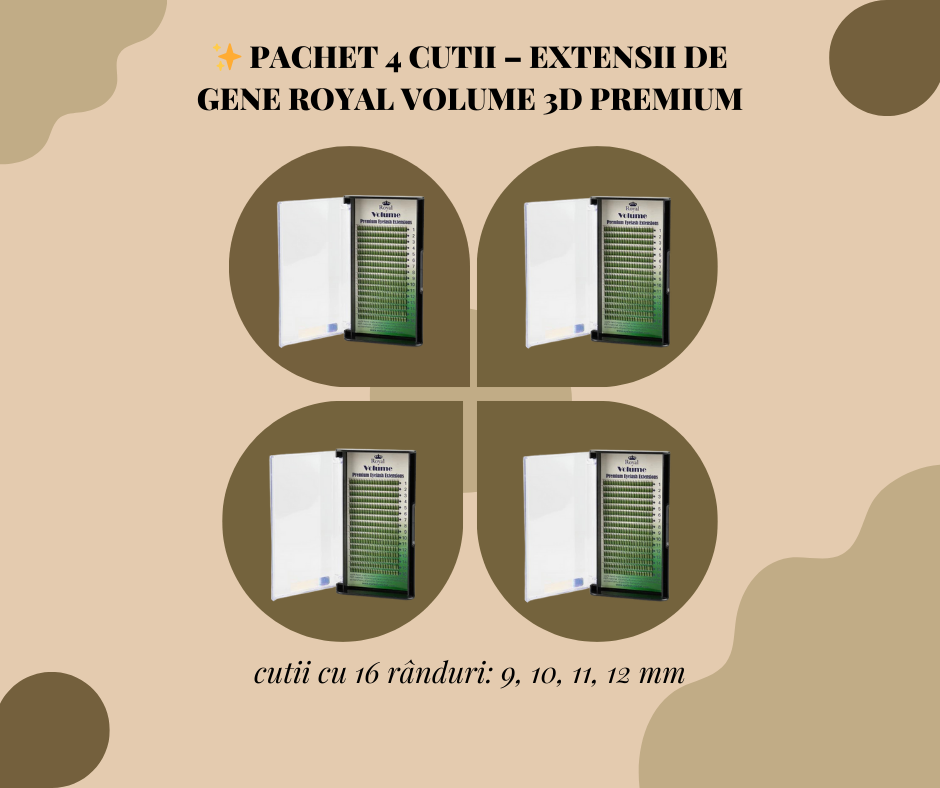 ✨ Pachet 4 Cutii –Extensii de gene Premium ROYAL Volume 3D, Individuale, Curbură C, Grosime 0.10 mm, Lungime 9-12 mm, 16 rânduri