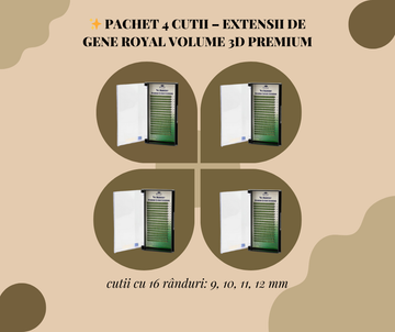 ✨ Pachet 4 Cutii –Extensii de gene Premium ROYAL Volume 3D, Individuale, Curbură C, Grosime 0.10 mm, Lungime 9-12 mm, 16 rânduri
