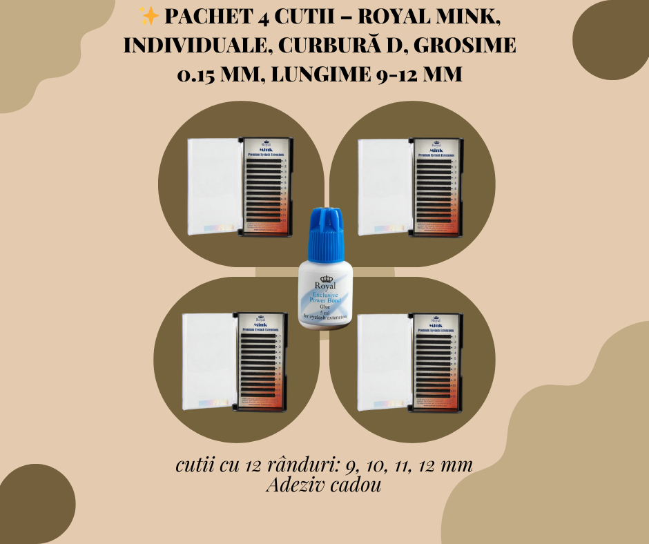 Pachet Profesional – 4 Cutii Extensii GENE Mink (9, 10, 11, 12 mm) + Adeziv Cadou