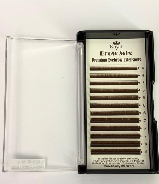Extensii sprâncene Premium ROYAL, culoare Dark Brown, Grosime 0.15 mm, Lungime Mix, 12 rânduri
