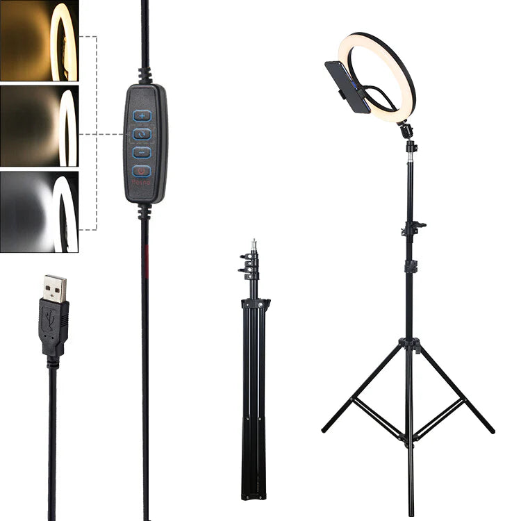 Lampa circulara LED 26 cm, cu trepied 210 cm, suport telefon